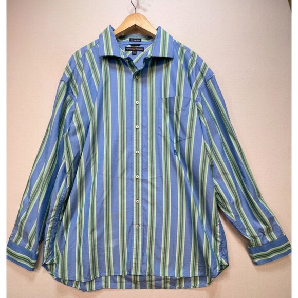 Tommy Hilfiger 80's 2 Ply Fabric Mens Button Up Shirt Size XXL Blue Green Stripe - Picture 1 of 12